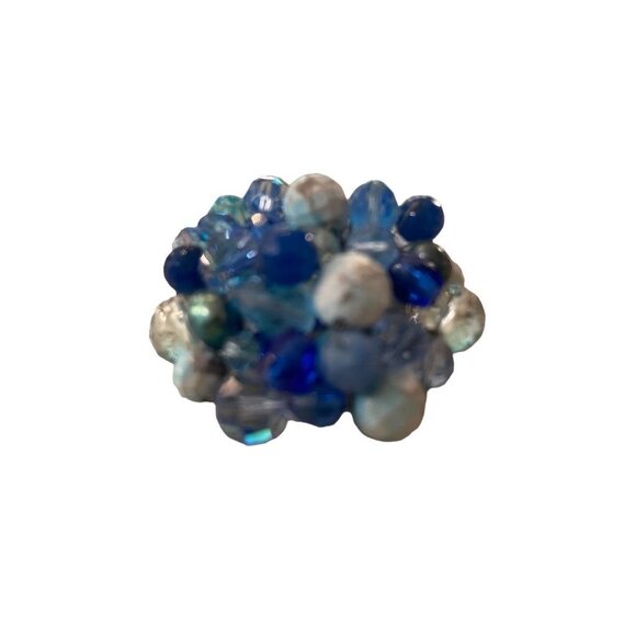 Mixed Blue Tones Beaded Cluster Brooch Statement 2.5" Diameter Pin - Picture 7 of 12
